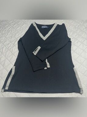 Duffield Lane Black V-Neck Sweater with Houndstooth Trim